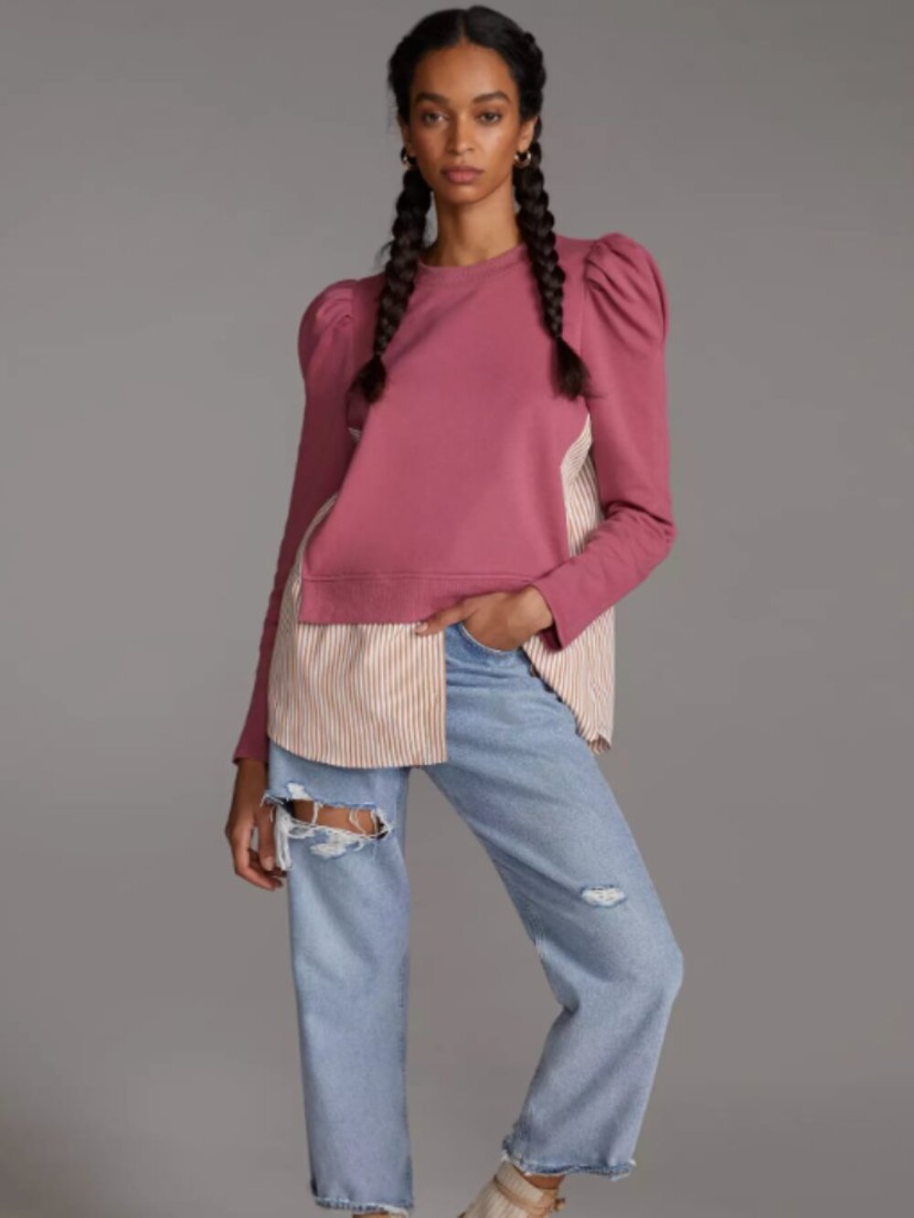 Maeve Anthropologie Layered Tunic Sweatshirt Puff Sleeve Academia Preppy Sz M